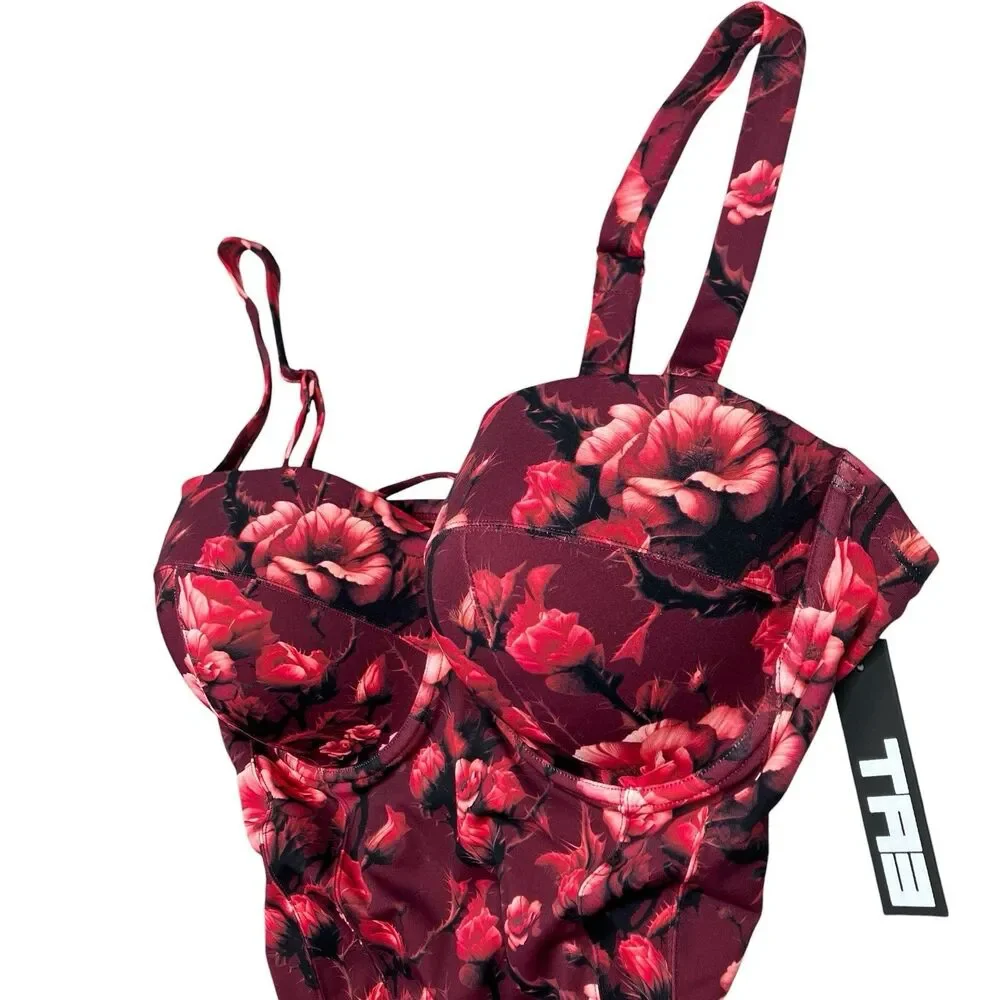 TA3 Lushy Swimsuit F/G Cup 3X Long Womens Tall Red One‎ Piece Floral Corset Lace